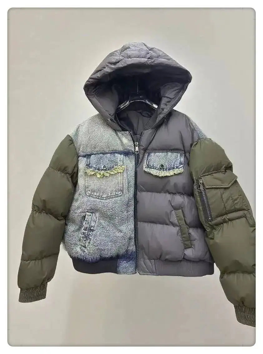 ANJY Autumn Winter New Women European Trendy Padded Coat Heavy-Duty Denim Patchwork Pocket Color-Block Hooded Down Jacket A12508