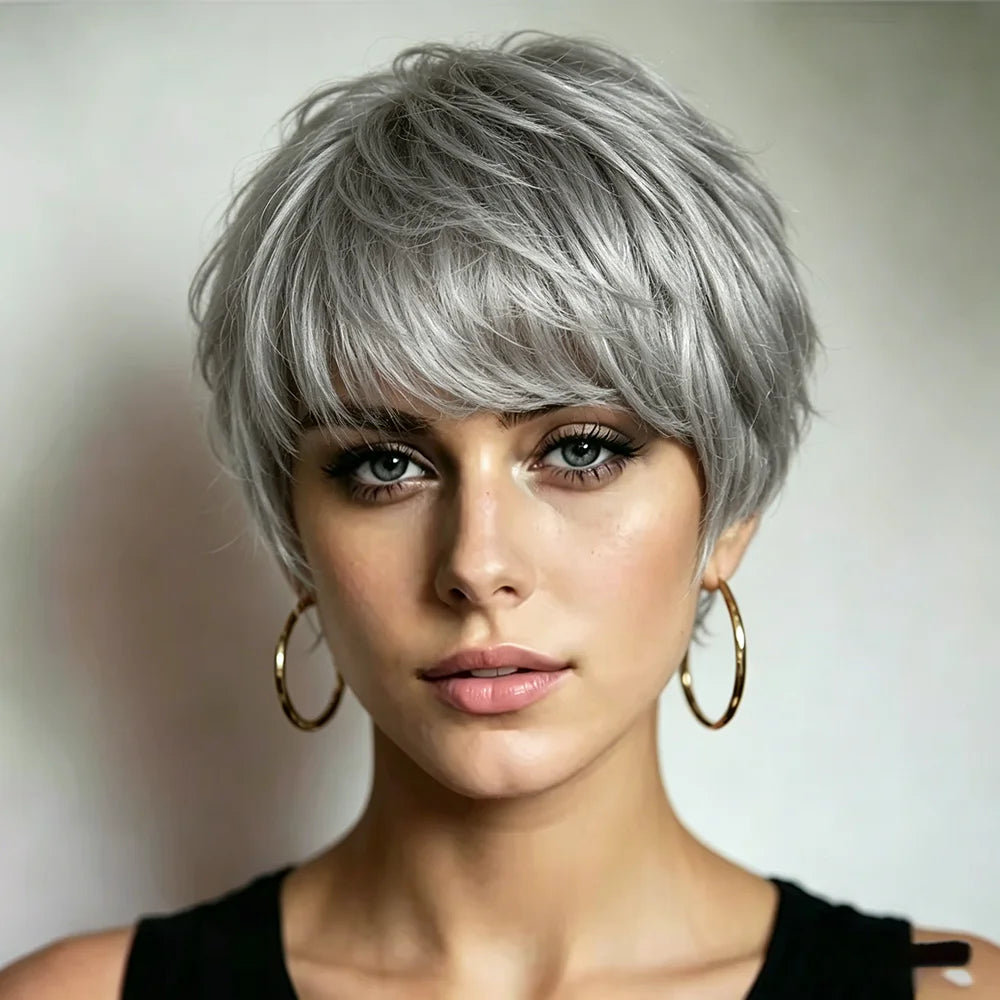 Silver Grey Straight Pixie Cut Premium Human Hair Wig For Women