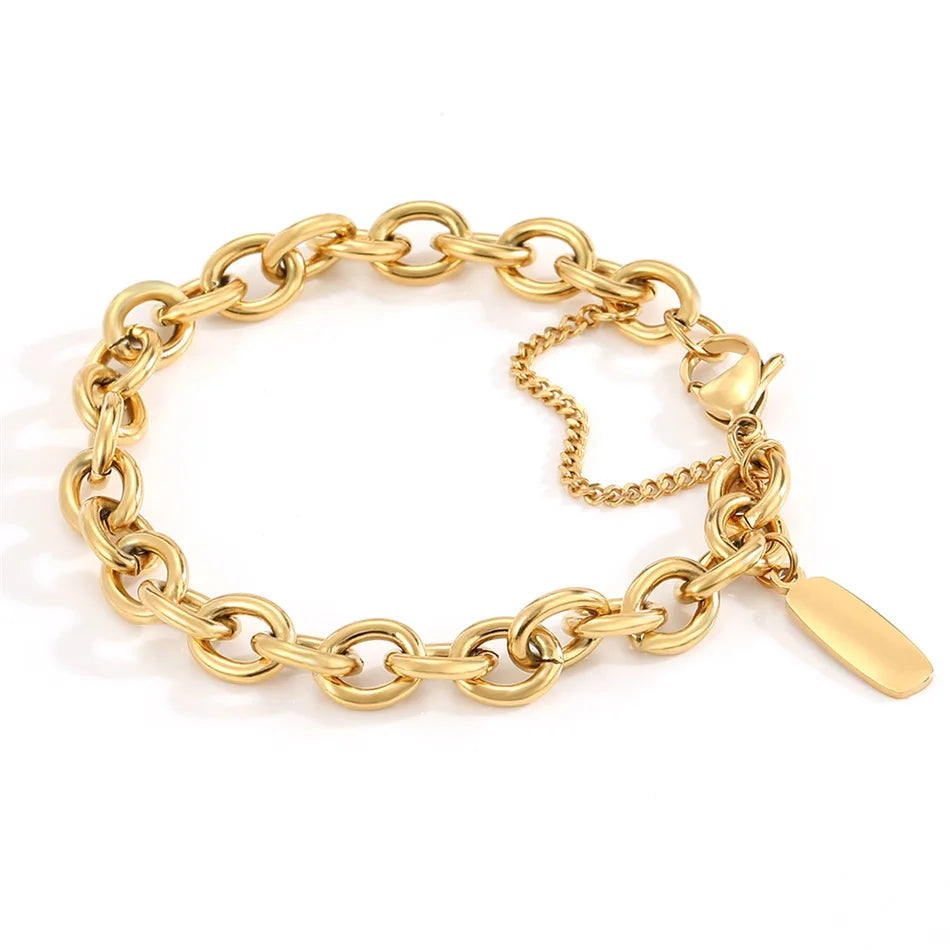 Gold Tone Stainless Steel Figaro Chain Bracelet for Women