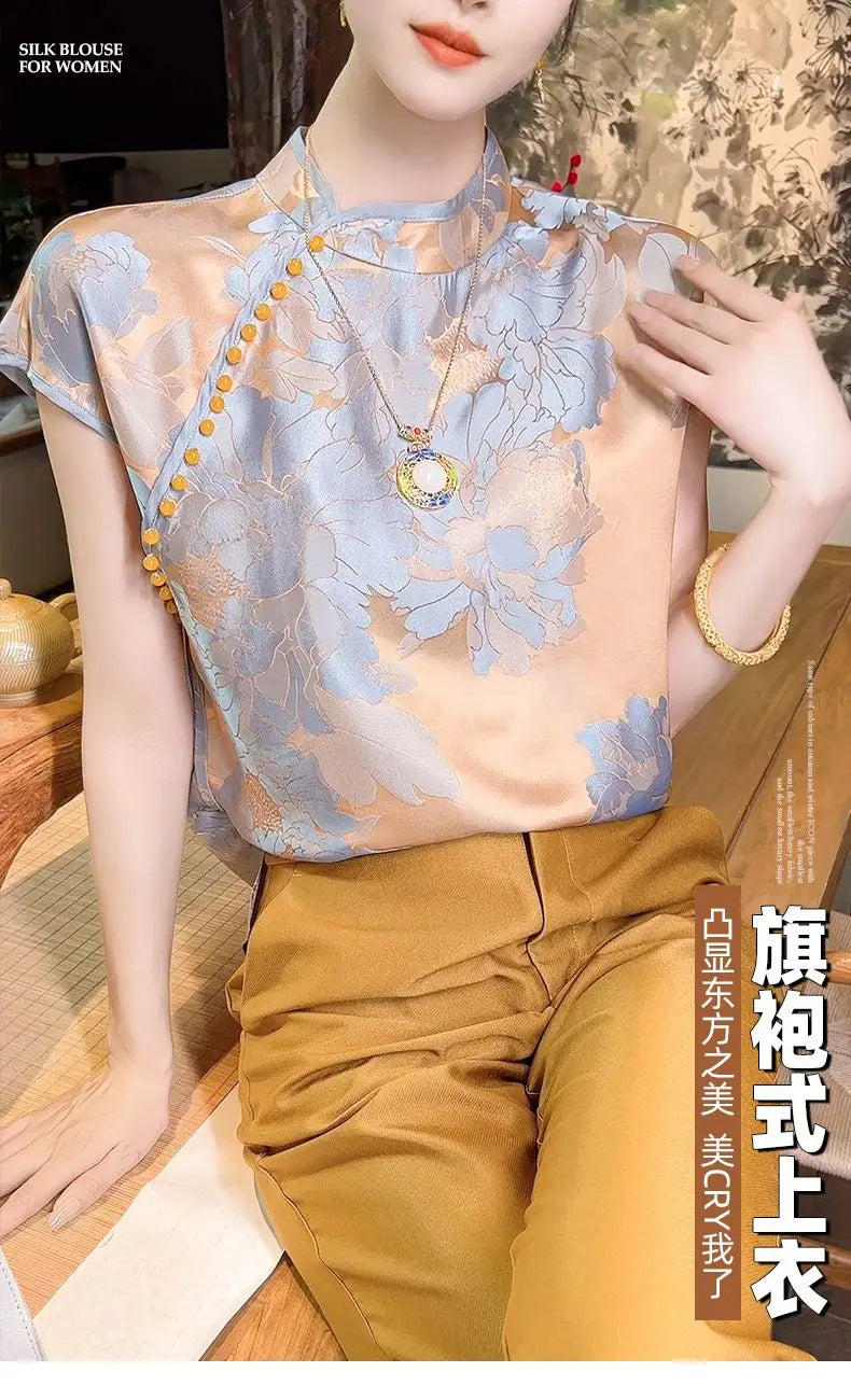 Chinese Inspired Floral Jacquard Satin Blouse For Women