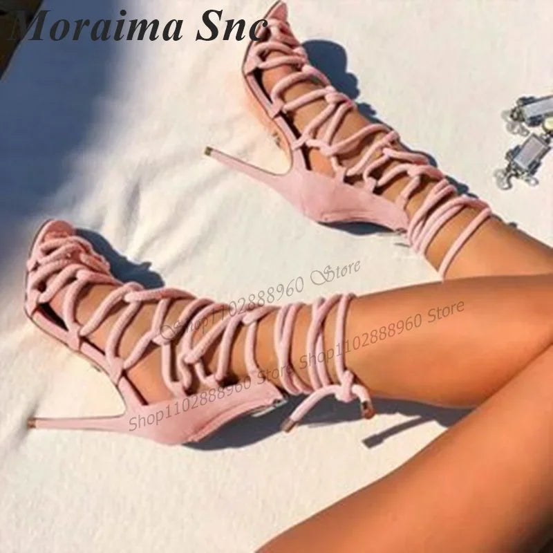 Pink Flock Stiletto Sandals With Open Toe And Back Zipper For Women