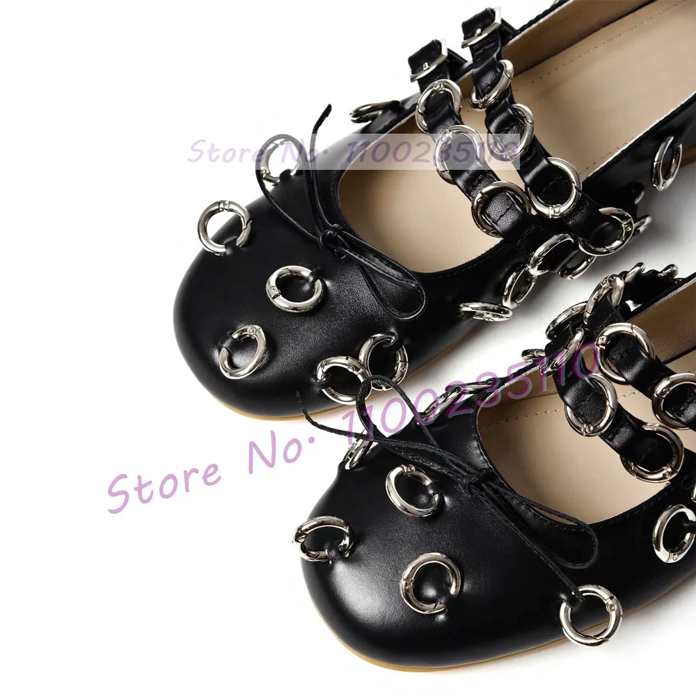 Elegant Round Toe Bow Detail Metal Loop Ballerina Sandals for Women