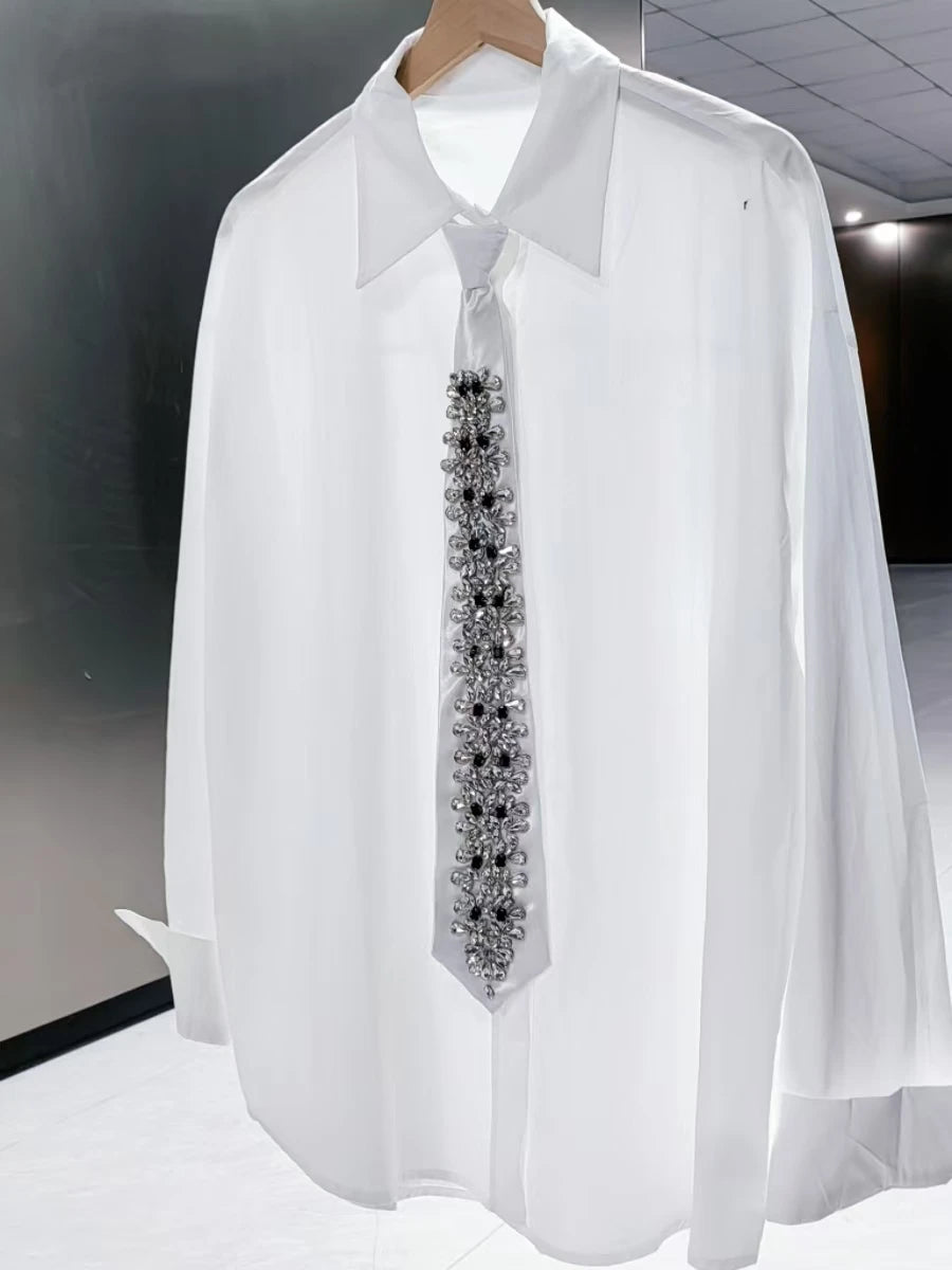 Relaxed Fit Diamond Embellished Long Sleeve Cotton Shirt for Women