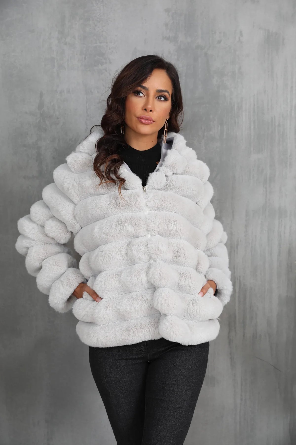 Warm Hooded Short Faux Fur Coat With Turn Down Collar for Women