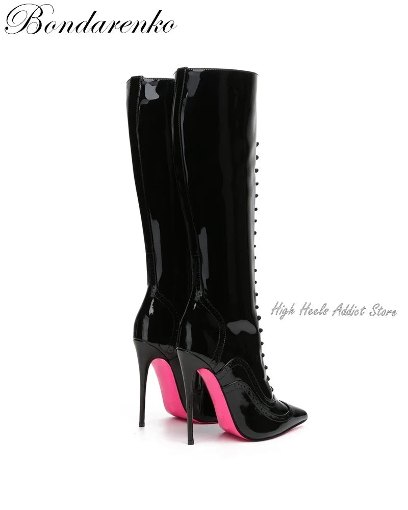 Pointed Toe Patent Leather Lace Up Knee High Boots for Women