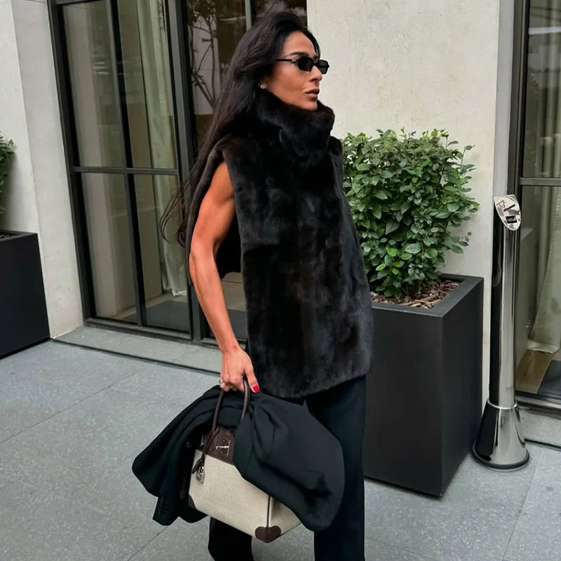 Mandarin Collar Faux Fur Vest