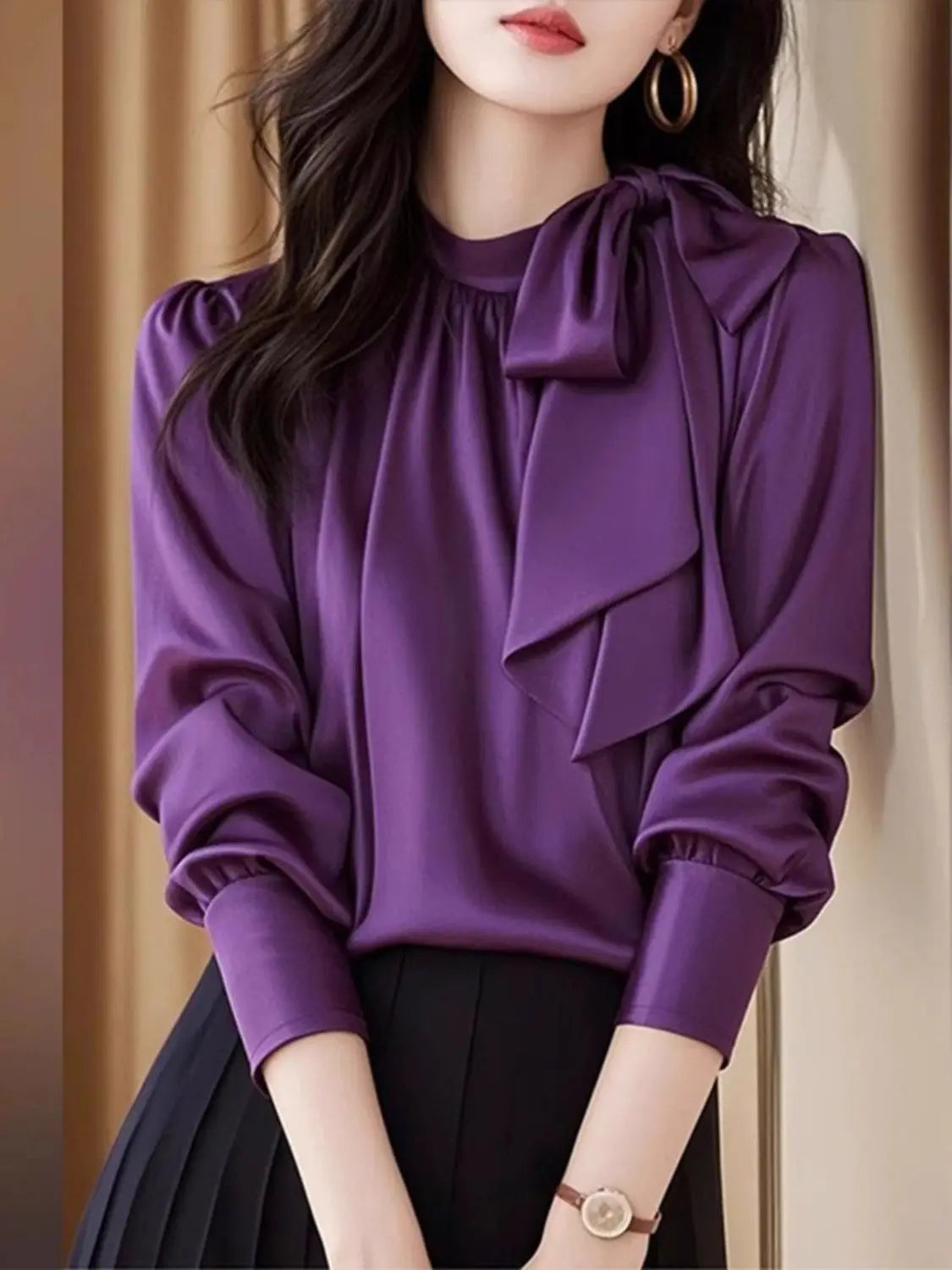 Elegant Purple Satin Blouse With Delicate Bow Accent For Women