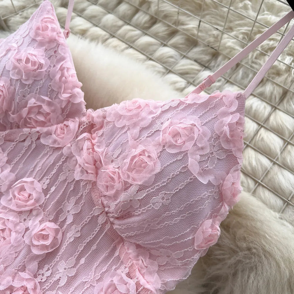 3D Floral Lace Camisole and Pleated Skirt Set for Women