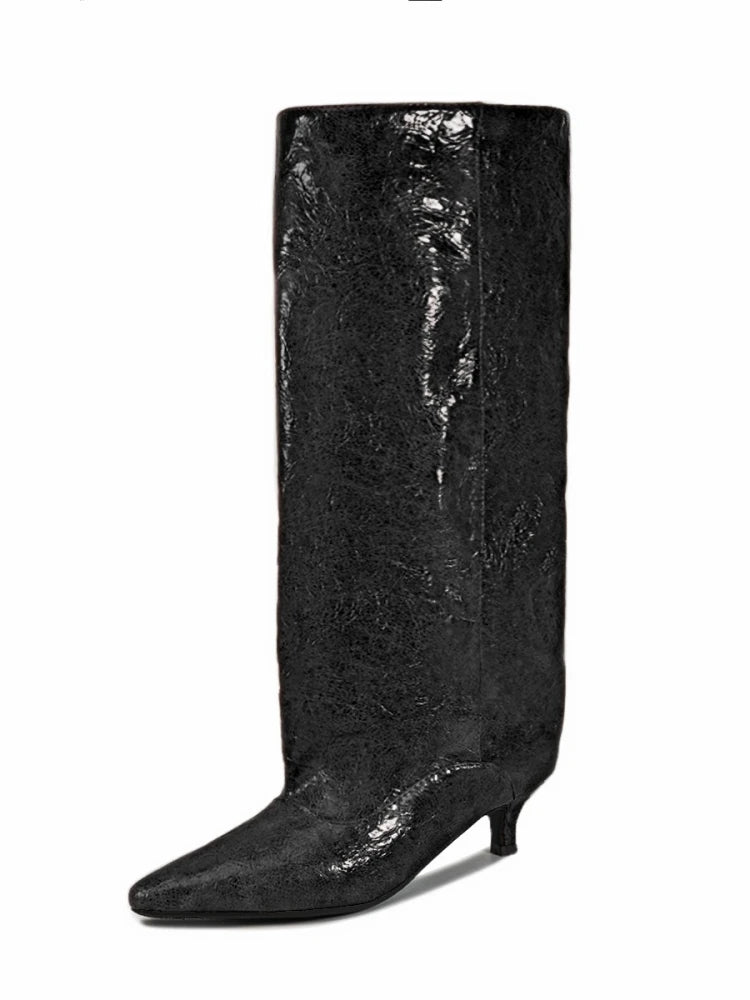 Crocodile Print Wide Shaft Kitten Heel Knee High Boots for Women