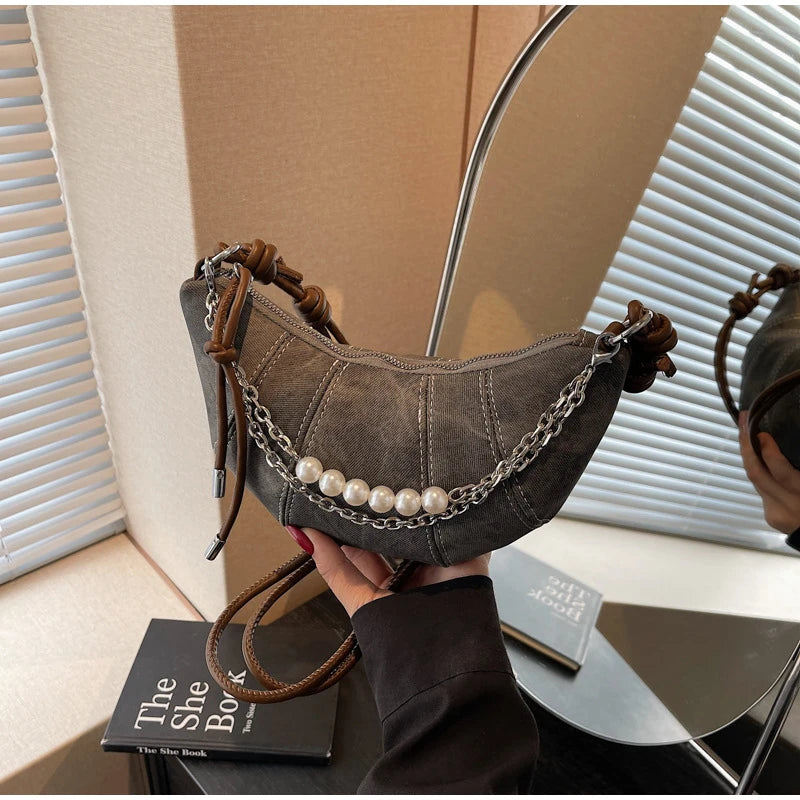 Retro Denim Dumpling Bag Creative Horn Design Pearl Pendant Messenger Bag Brand High-grade Leather Ladies Versatile Shoulder Bag