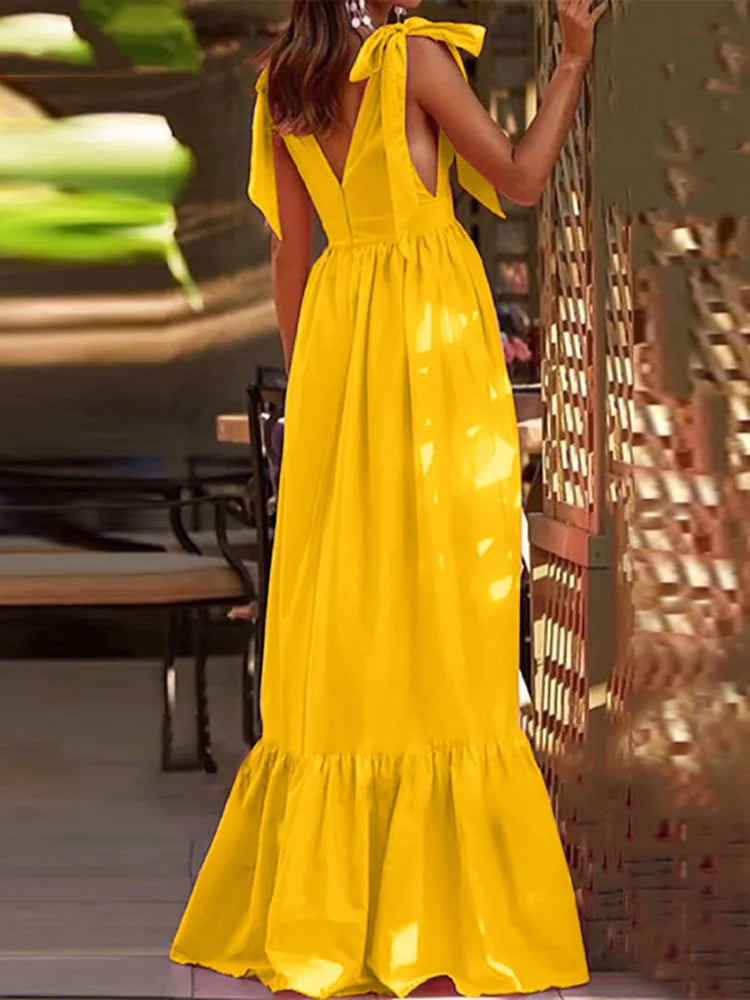 Elegant Backless V-Neck Ruffle Maxi Party Dress for Women