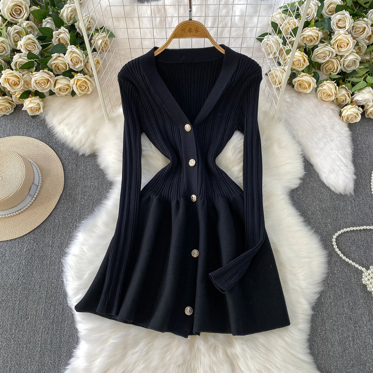V Neck Knit A Line Long Sleeve Mini Dress for Women