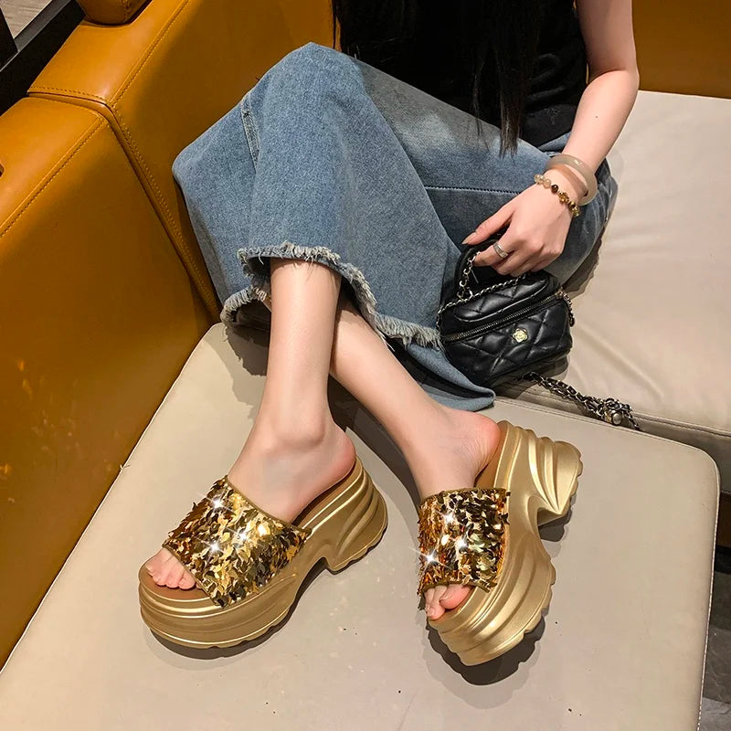 Metallic Sequined Platform Wedge Sandals for Women
