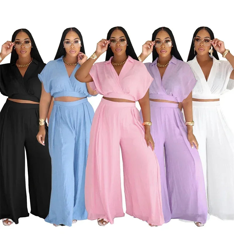Relaxed Casual Crop Top And Wide Leg Pants Set for Women