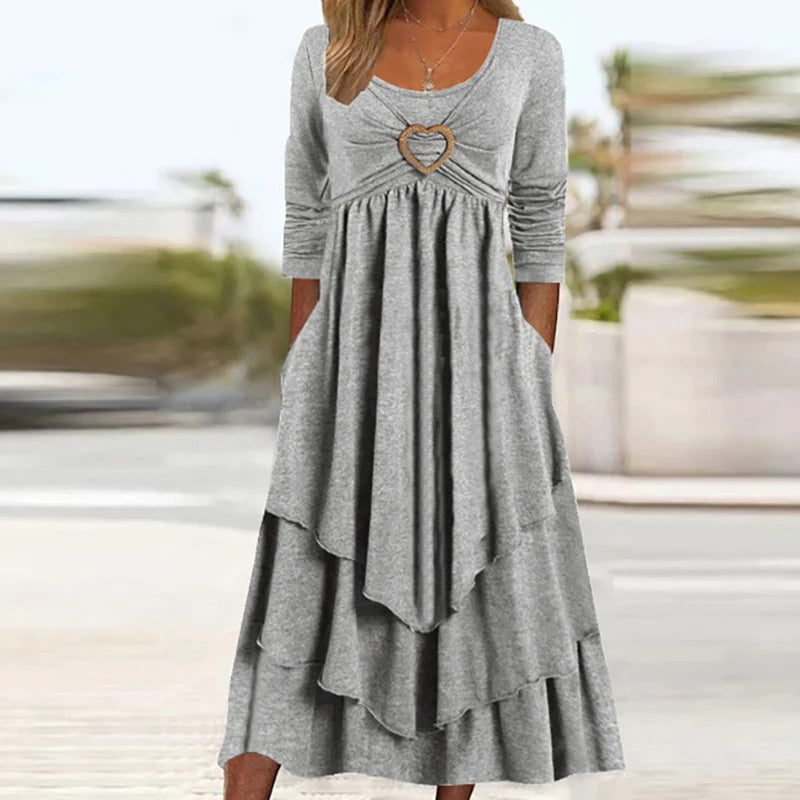 Long Sleeve Patchwork Midi Dress With Pockets for Women