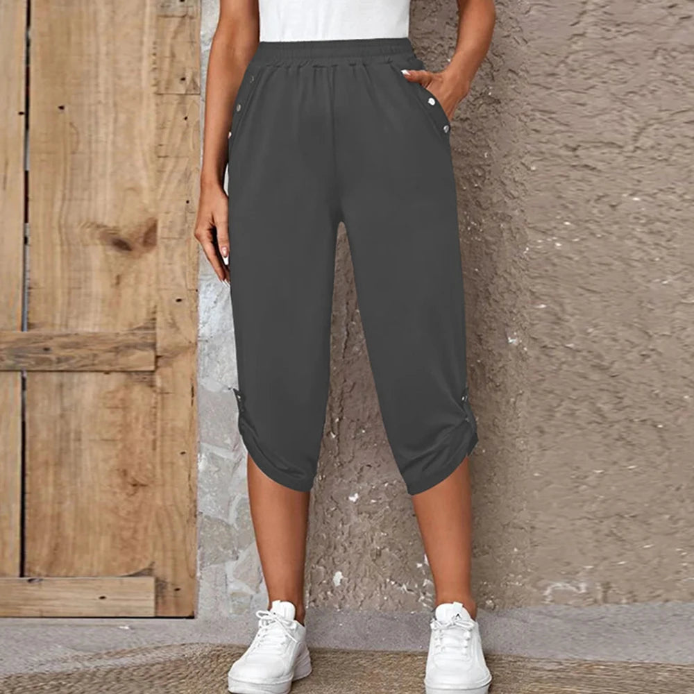 Women Elastic Waist Pants Summer Solid Color Casual Trousers Bottom Elegant Fashion Office Lady Loose Cropped Pants S-3XL