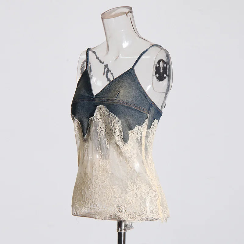 ANJY Summer New Women Y2K Streetwear Ins Fashion Sexy Hot Lace Patchwork Denim Camisole Vest Casual Drawstring Fifth Pants A7219