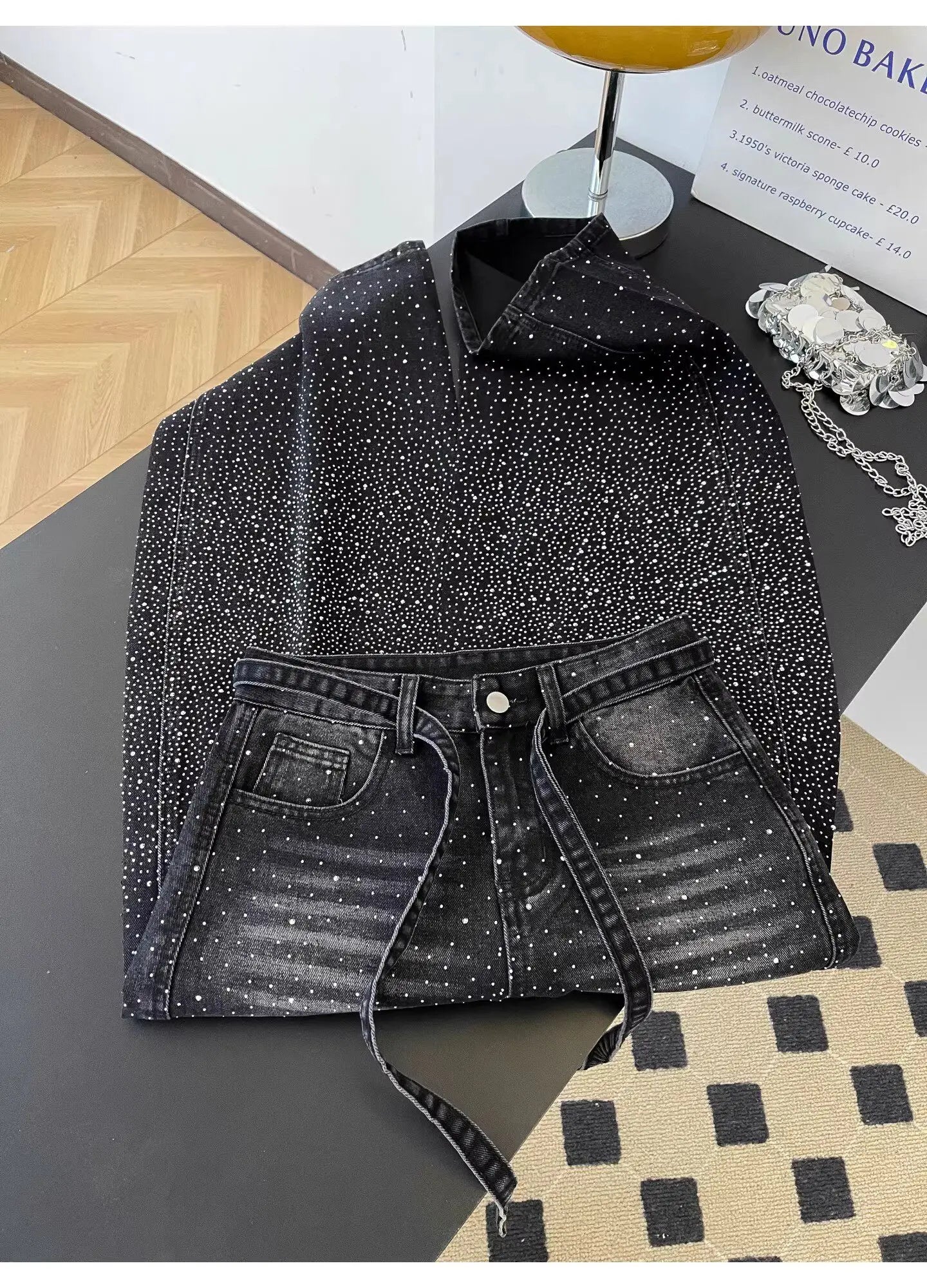 Glittering Rhinestone Wide Leg Denim Pants for Women