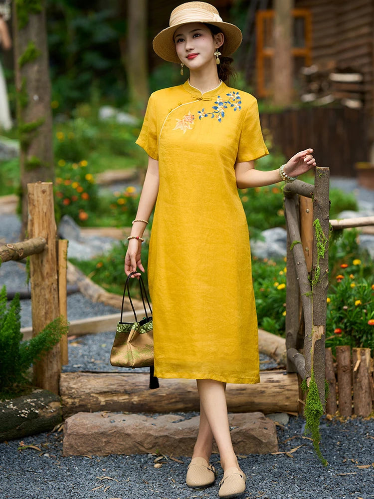 Linen Mandarin Collar Embroidered Cheongsam Dress for Women