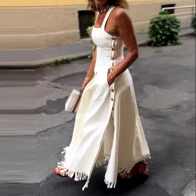Fashion Square Collar Waist Slim Long Dress Women Casual Sleeveless Pocket Solid Party Dress Elegant Tassel Splicing Maxi Dress