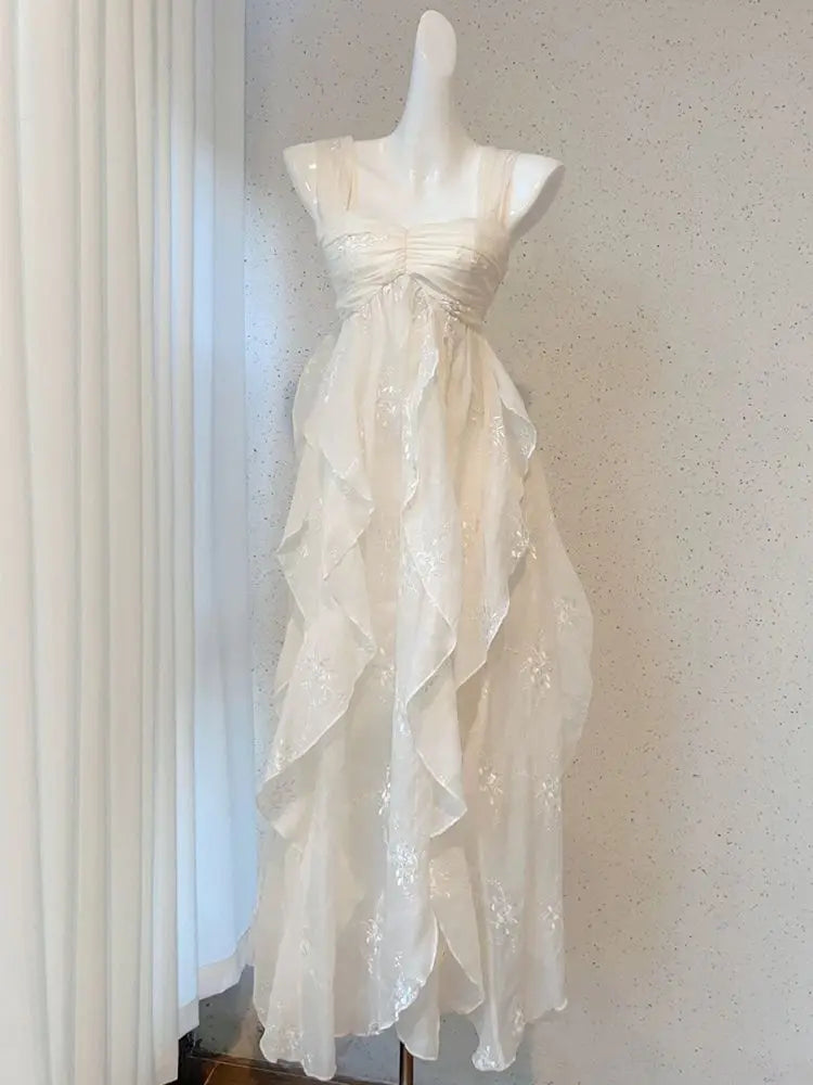 White Lace Vintage Floral Ruffle Sundress For Women