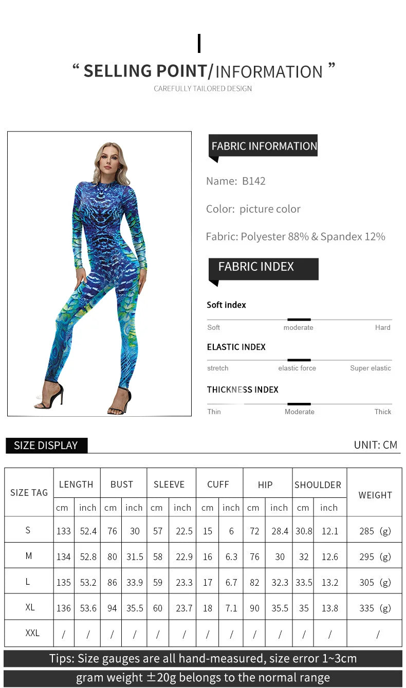 Peacock Feather Print Long Sleeve Elastic Jumpsuit for Women