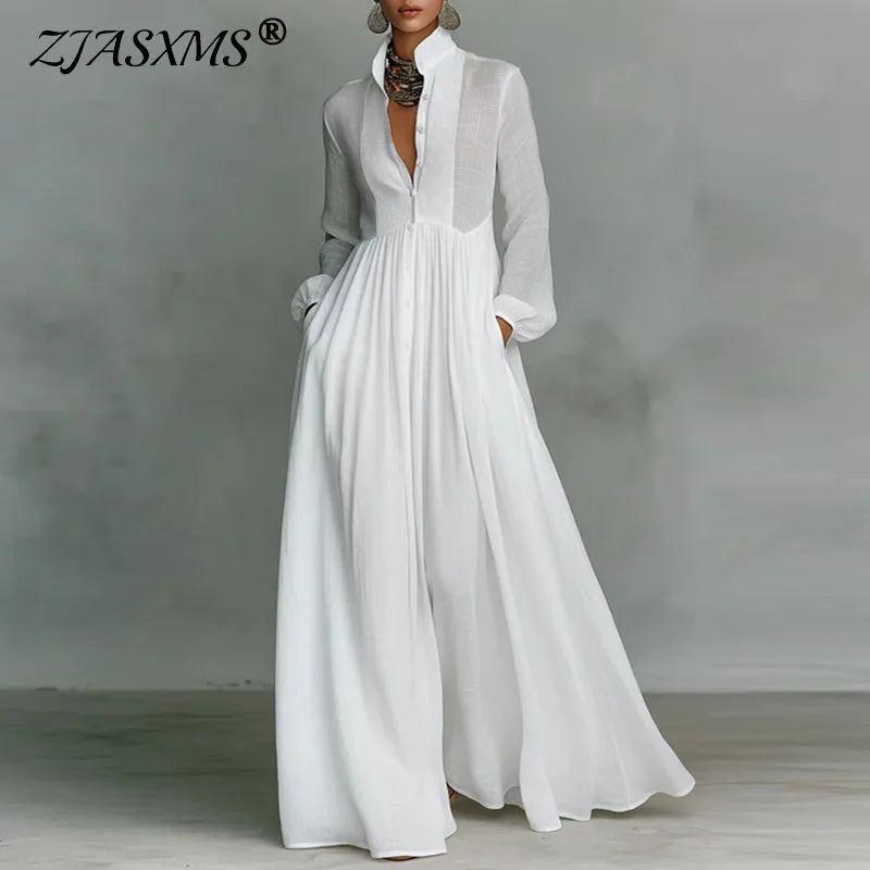 Elegant High Waist Pleated Long Sleeve Maxi Dress for Women