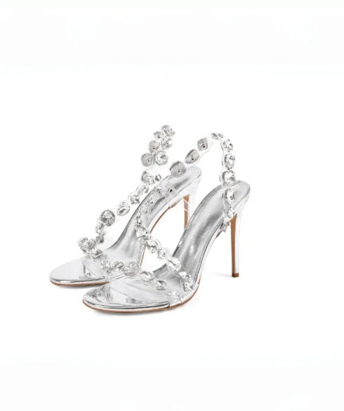Gemstone Embellished Stiletto Sandals With Buckle Strap For Women