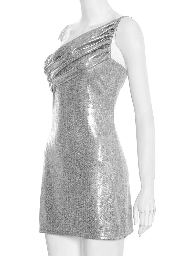 Shiny Ruched Off Shoulder Backless Mini Dress for Women