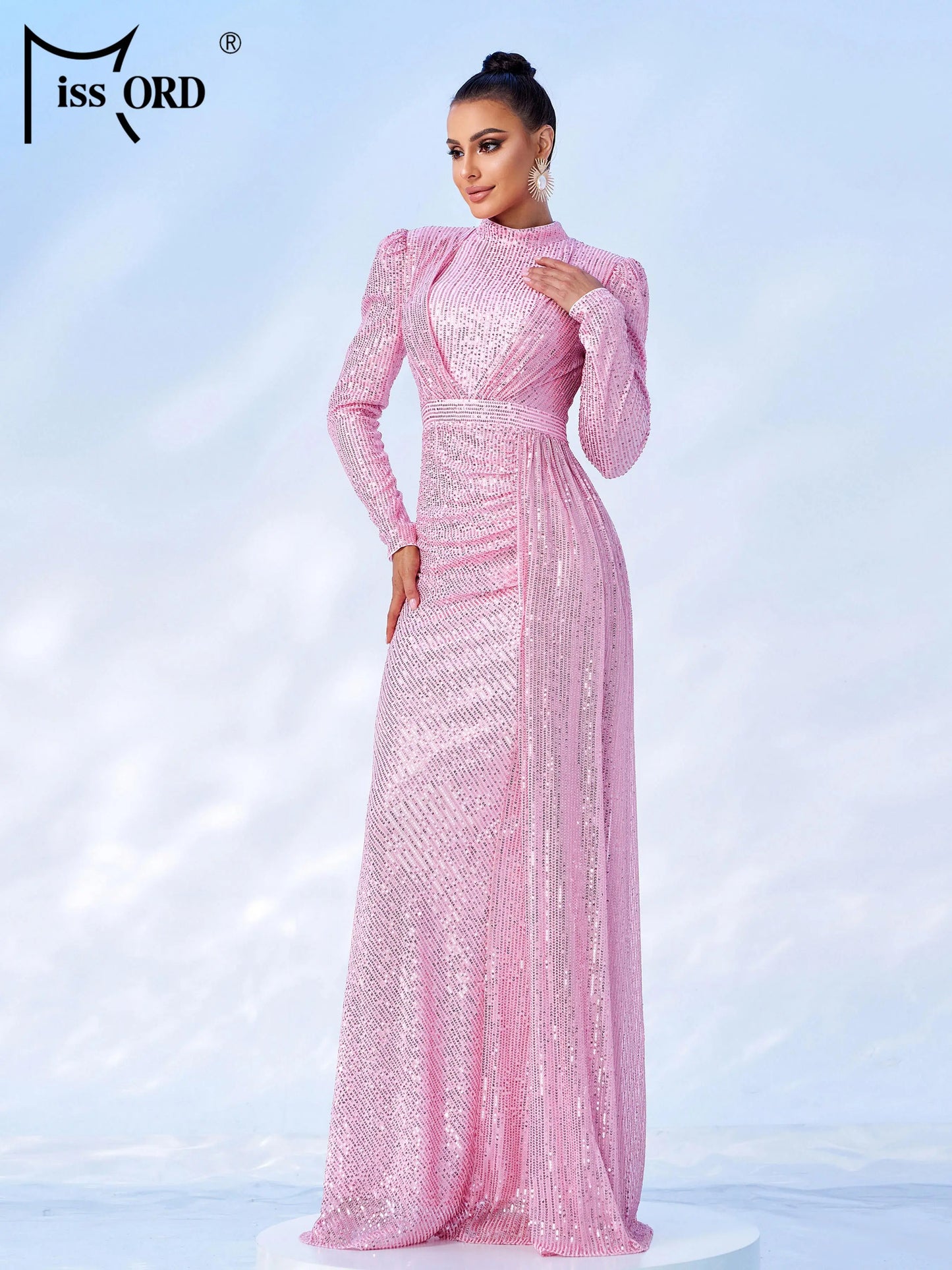 Missord Round Neck Long Sleeved Sequin Mermaid Evening Fashionable Exquisite Cocktail Prom Dress