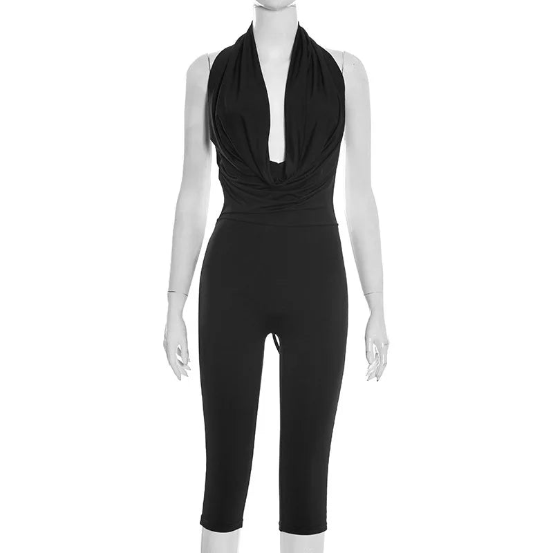 Ruched Halter Neck Lace-Up Capri Jumpsuit for Women