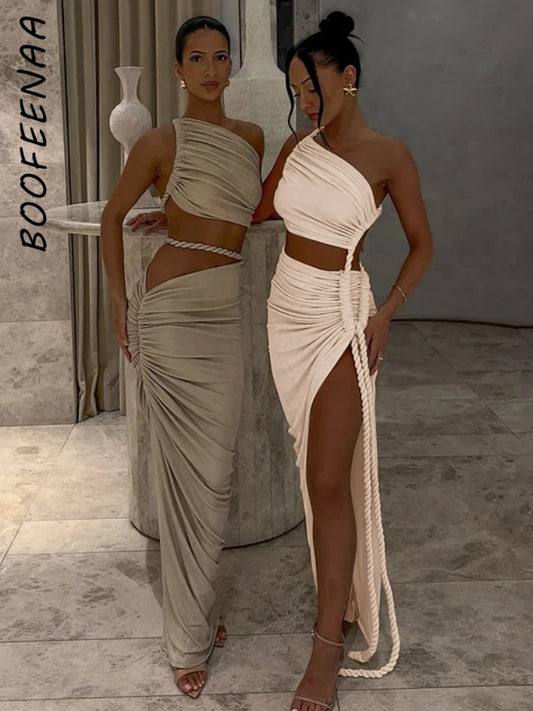 BOOFEENAA Asymmetrical Ruched Backless High Split Long Dresses 2025 Woman Summer Dress Elegant Sexy Vacation Outfits C70-FD75