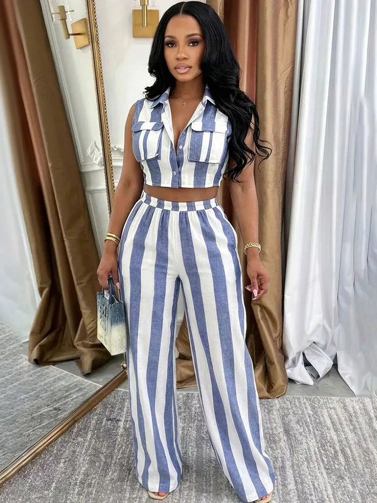 Striped Two Piece Shirt And Wide Leg Pants Set for Women