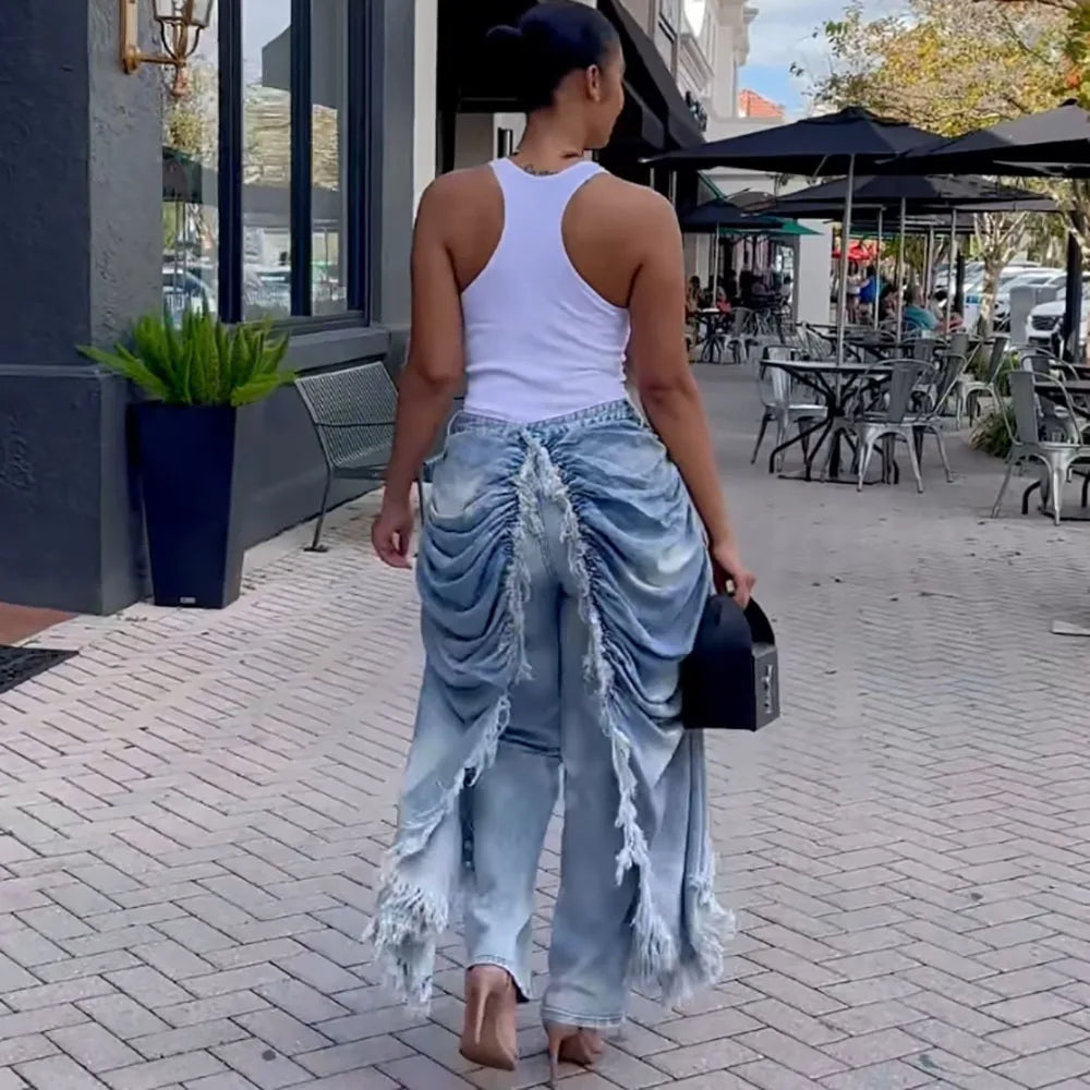 Washed Patchwork Denim Straight Pleated Pants For Women