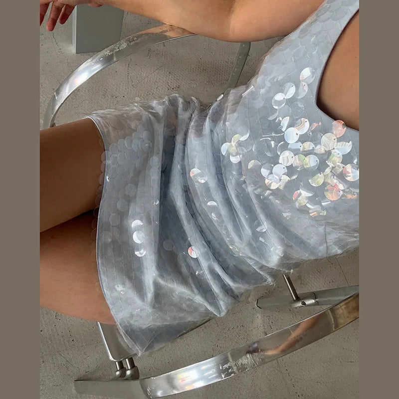 Chic Sequin Deep V Neck Backless Mini Dress For Women