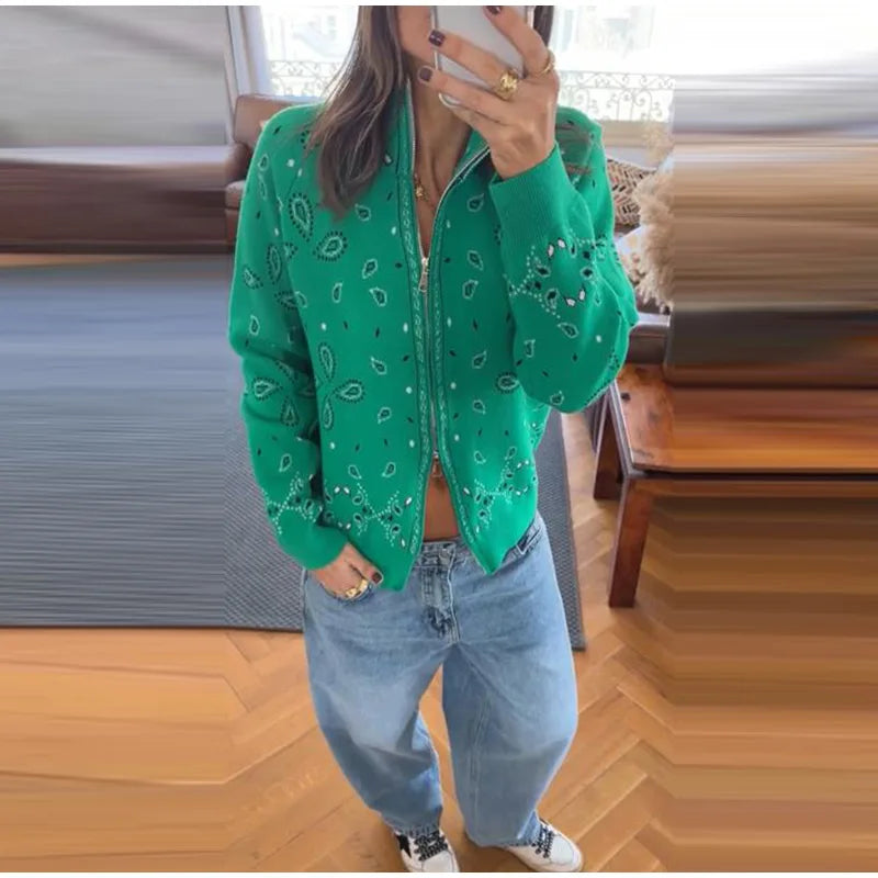 Vintage Printed Knit Stand Collar Zip Cardigan for Women
