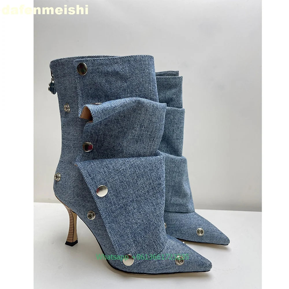 Pleated Stiletto Pointed Toe Leather Ankle Boots With Rivet Buckle For Women