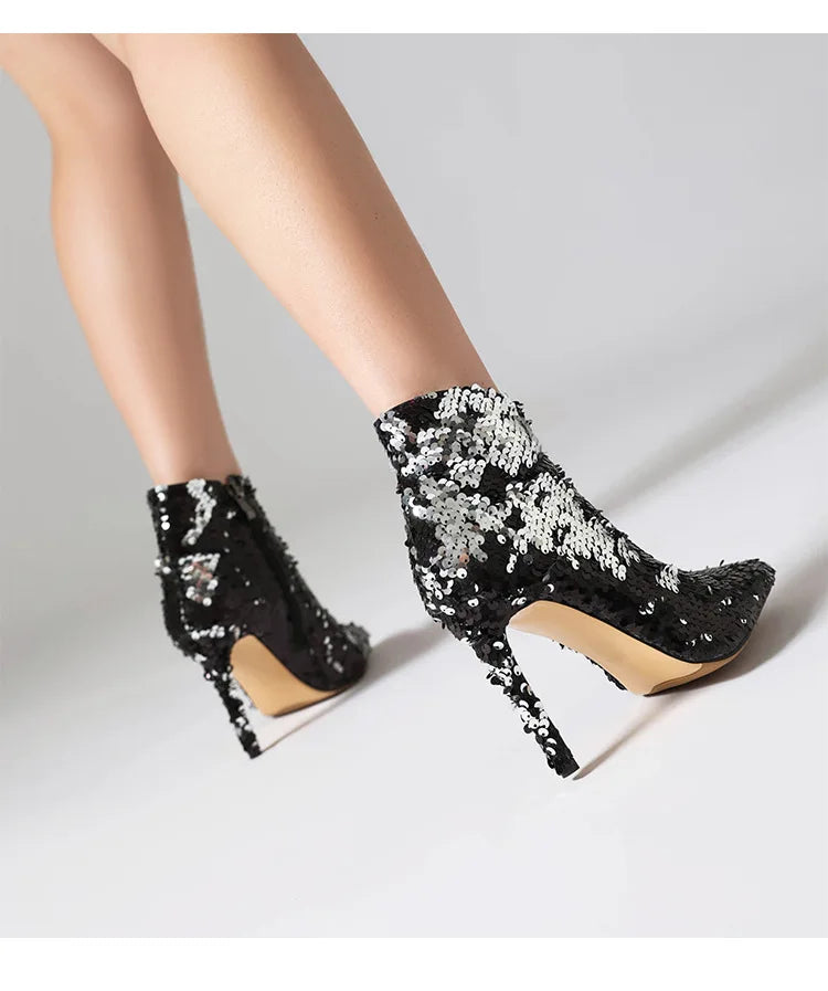 Sequined Pointed Toe Ankle Boots with Stiletto Heels for Women
