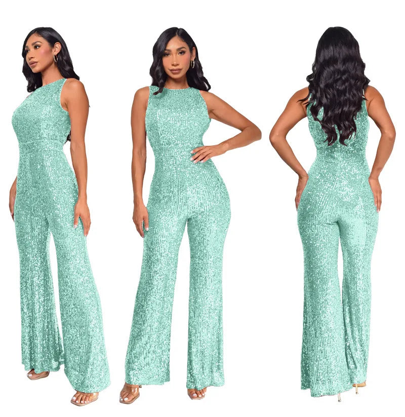 Elegant Silver Sequined Straight Cut Jumpsuit for Women