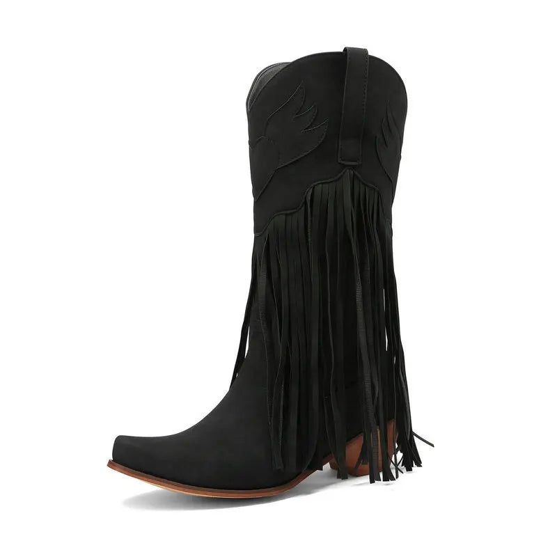 Retro Western Style Mid Calf Boots With Block Heel Tassels For Women