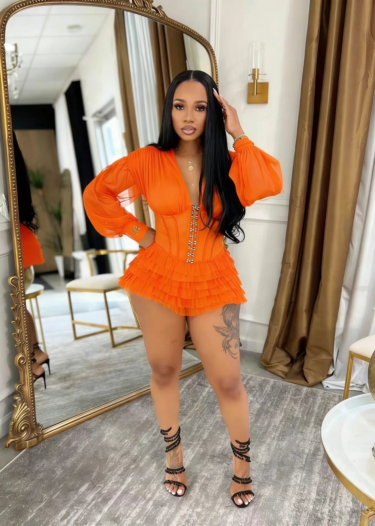 Mesh Ruched Patchwork See Through Long Sleeve Bodycon Rompers for Women