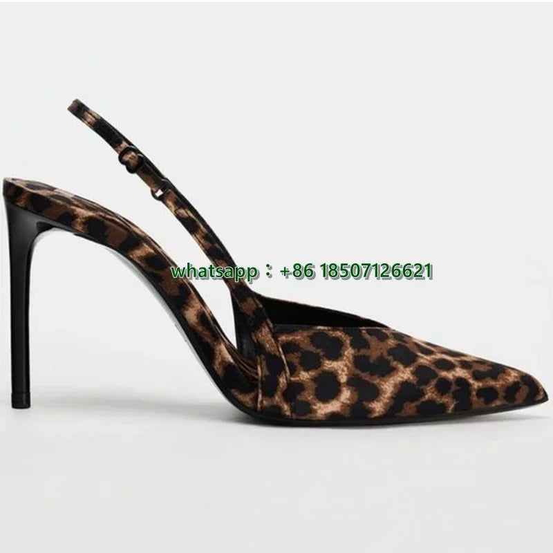 Leopard Print Suede Pointed Toe Slingback Pumps with Chain Detail for Women