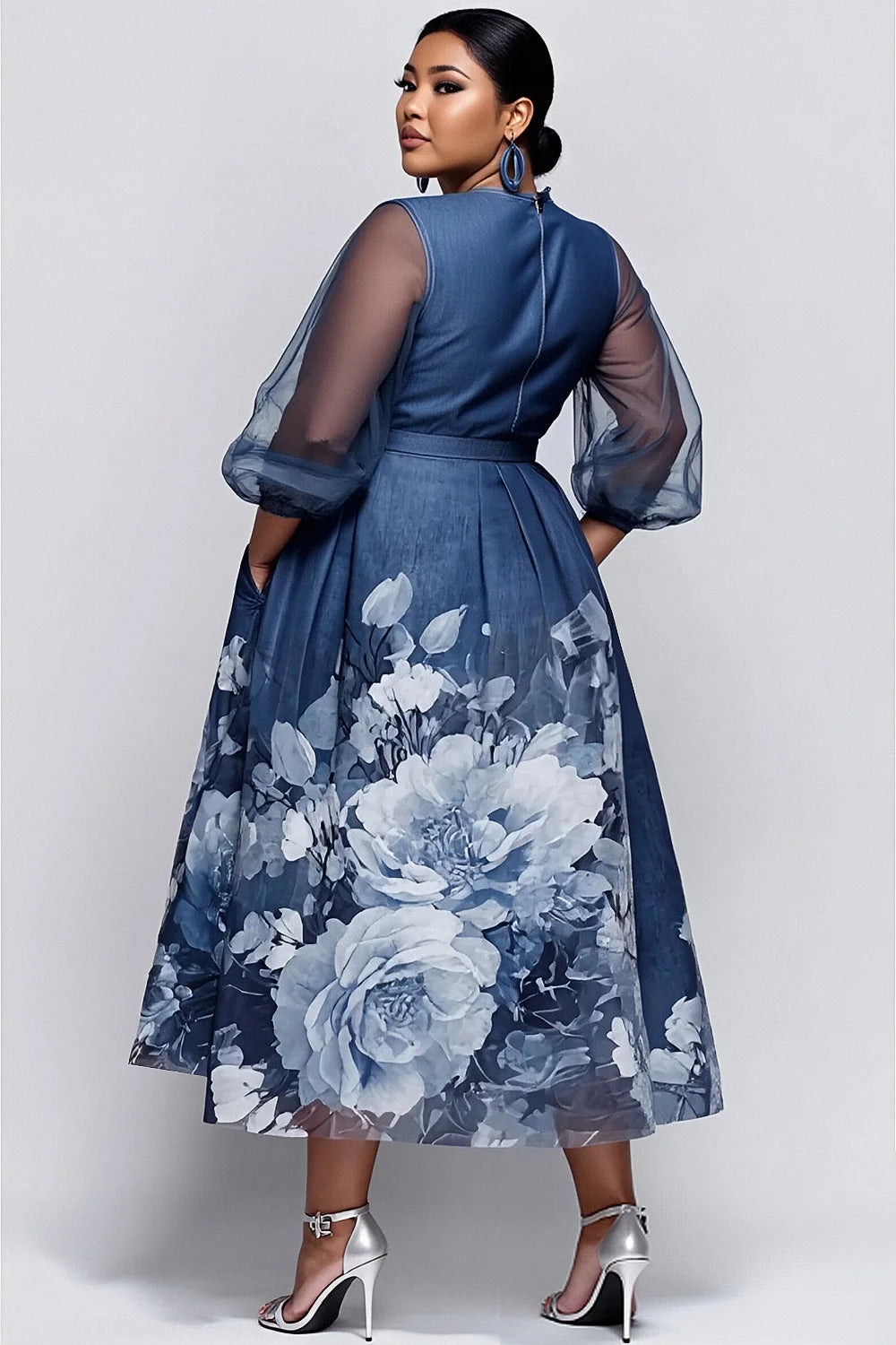 Plus Size Daily Blue Floral Round Neck 3/4 Sleeve Pocket Elegant See Through Tulle Midi Dresses