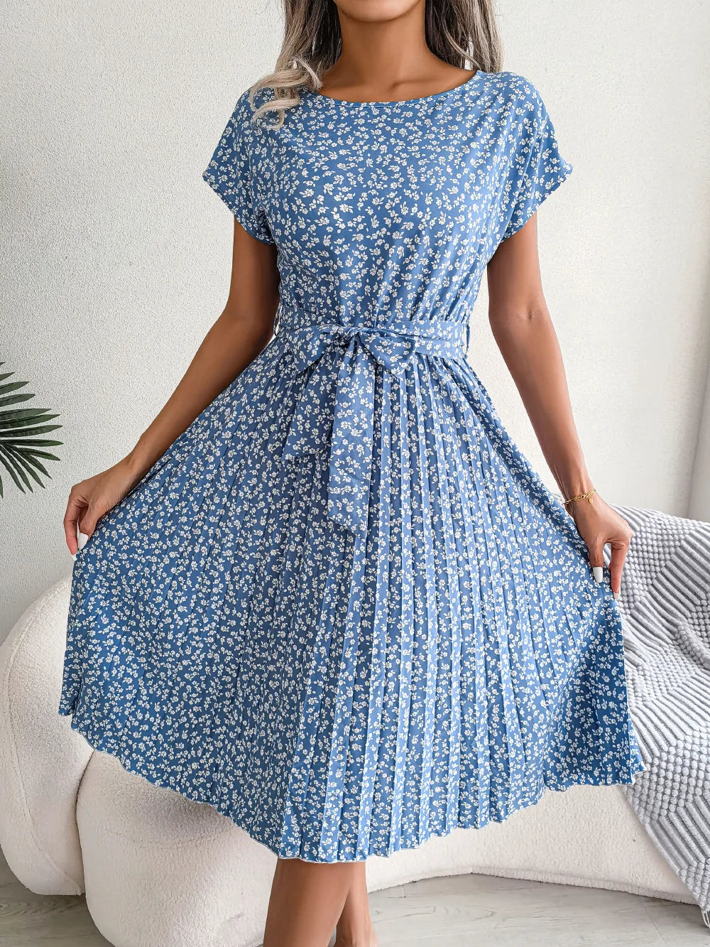 Chic Casual Pleated Short Sleeve Midi Dress for Women
