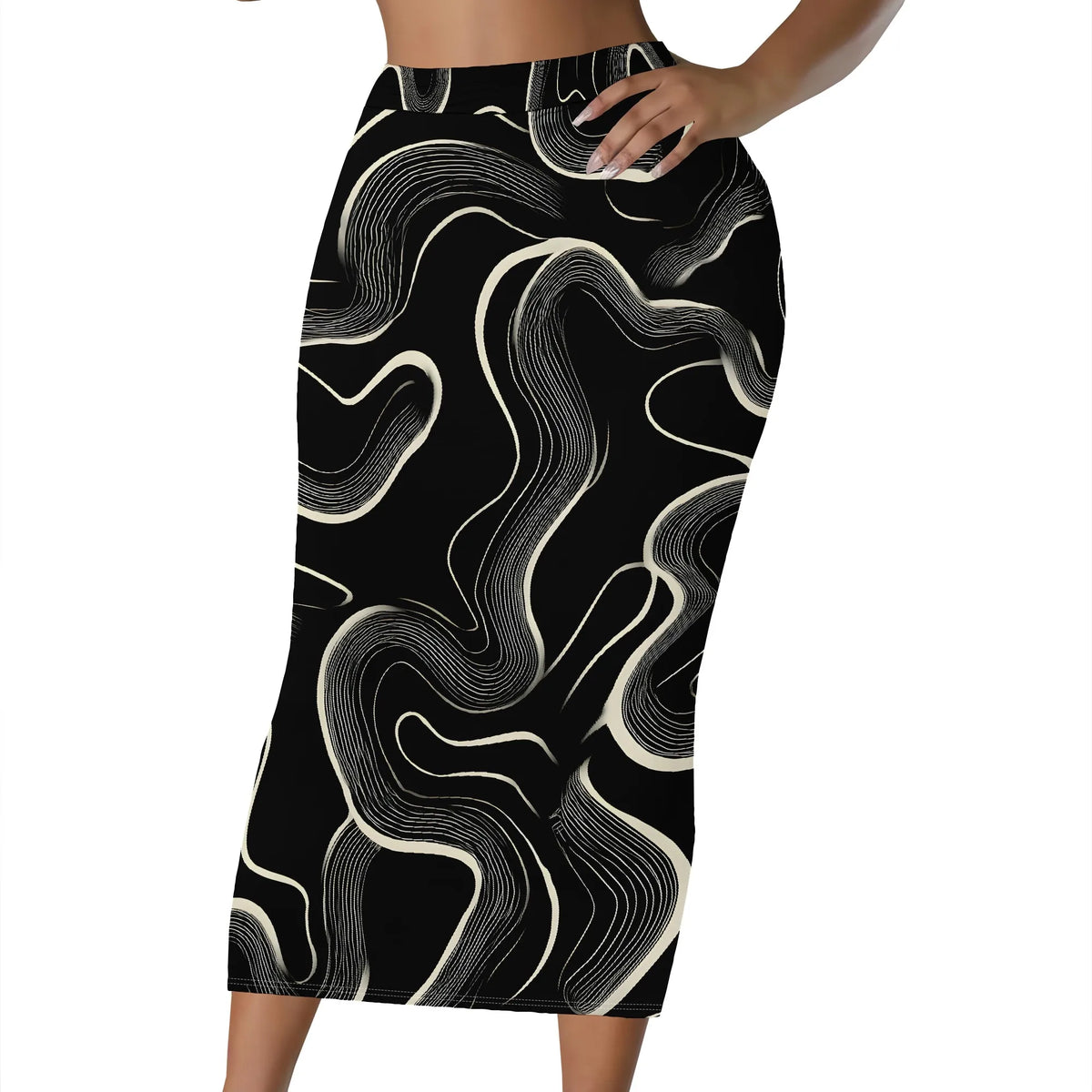 Black And White Abstract Print High Waist Midi Skirt for Women