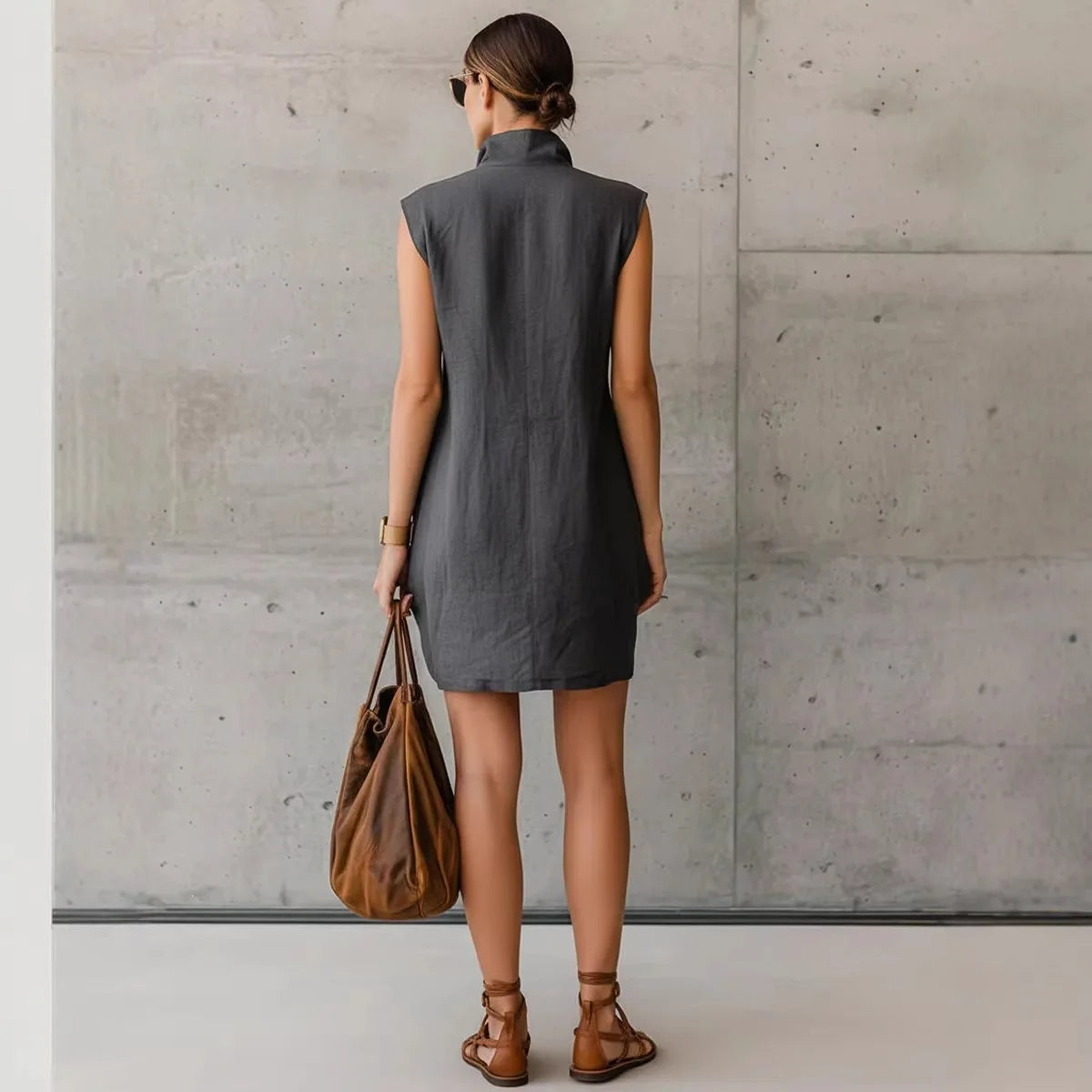 Solid Color Lapel Button Sleeveless Pocket Mini Shirt Dress for Women