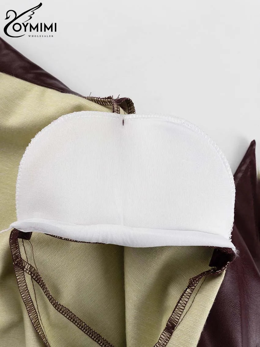 Oymimi Vintage Wine Red Pu Leather Womens 2 Piece Outfit Set Elegant Long Sleeve Lace-Up Shirts And Straight Simple Trousers Set