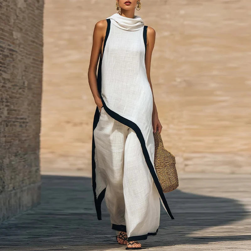 Casual Solid Blouse and Wide Leg Trousers for Women