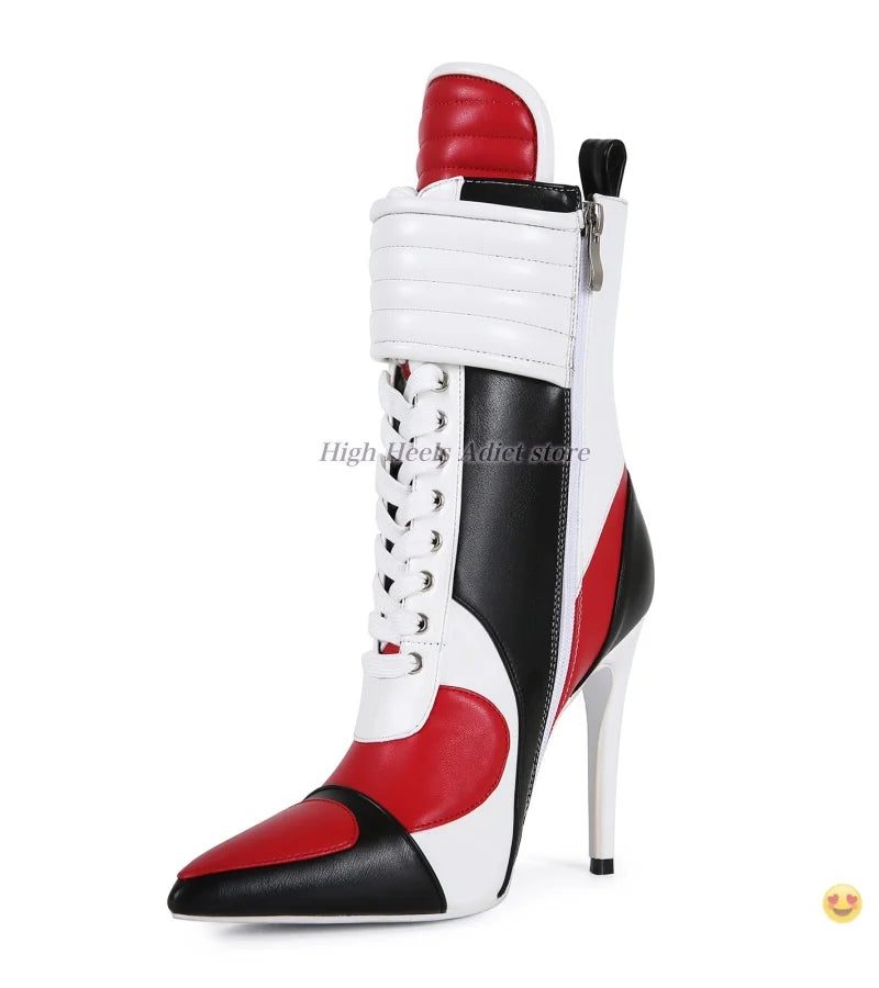 Stiletto Pointy Toe Lace Up Leather Midcalf Boots For Women