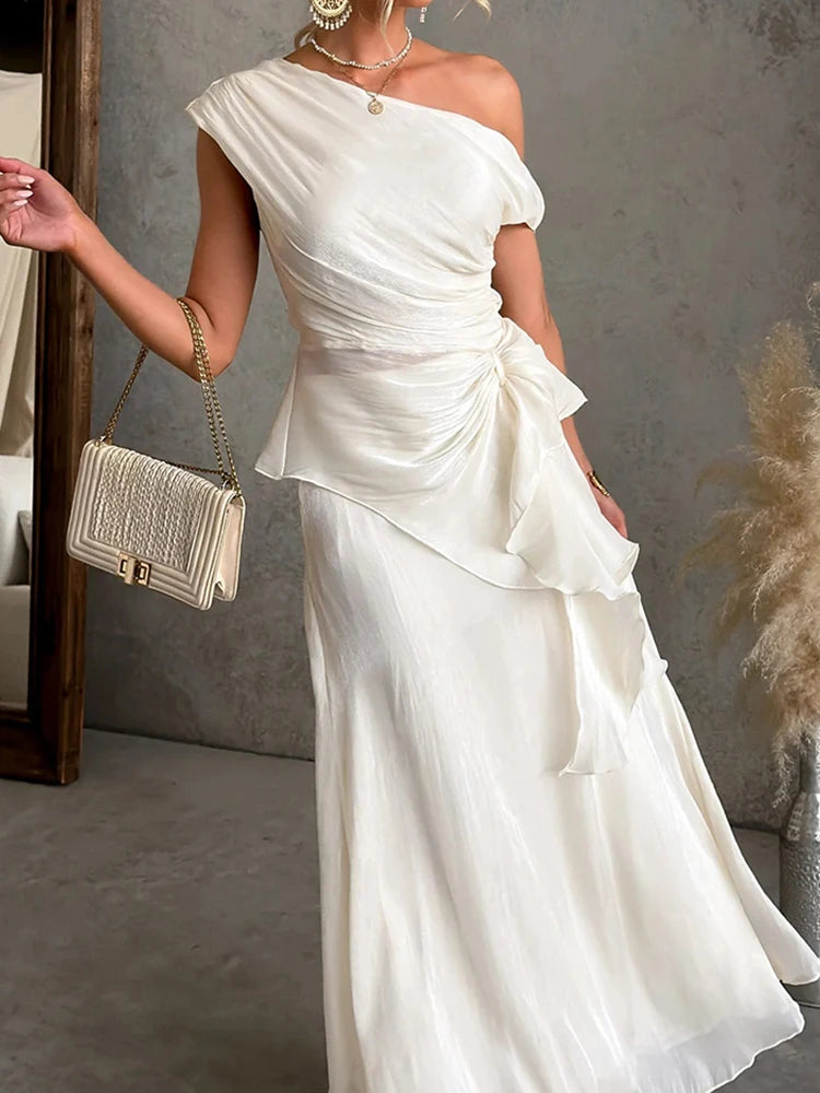 Asymmetrical Collar Top and Maxi Skirt Set for Women